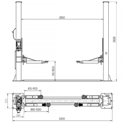Подъемник электрогидравлический 4т 110-1900мм 2-х стоечный 380В ниж.синхрон. (руч. спуск) GTE