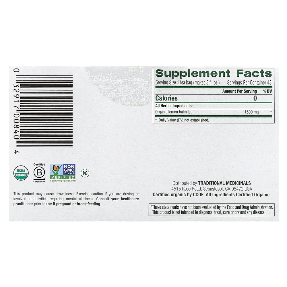 Traditional Medicinals, Органическая мелисса, без кофеина, 48 чайных пакетиков, 72 г (2,53 унции)