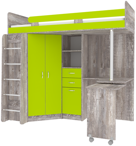 Кровать-чердак КарИВи Юниор 3 с металлической лестницей Бетон Лайм