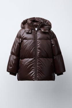 ZARA ПУХОВИК ИЗ ПЕРА И ПУХА WATER REPELLENT И WIND RESISTANT, ТЕМНО-КОРИЧНЕВЫЙ