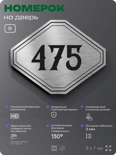 Номерок на дверь квартиры 475, для кабинета, офиса, шильдик 9 х 7 см, брашированная сталь, Айдентика Технолоджи