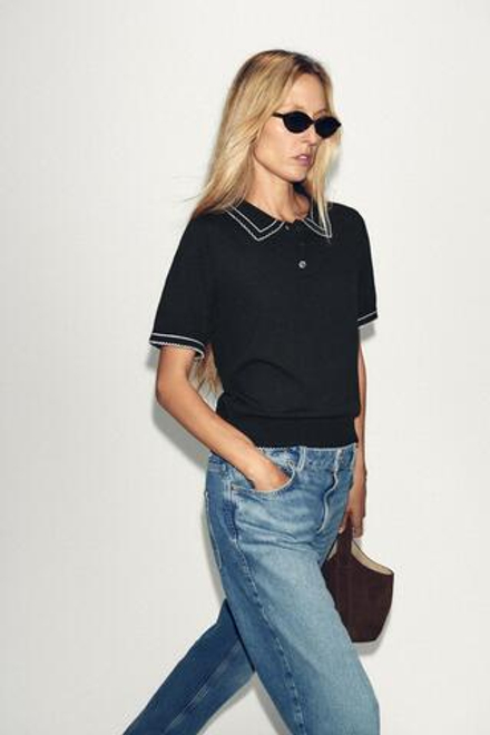ZARA ТРИКОТАЖНЫЙ ТОП ПОЛО С КОНТРАСТНОЙ ОТДЕЛОЧНОЙ СТРОЧКОЙ, ЧЕРНЫЙ