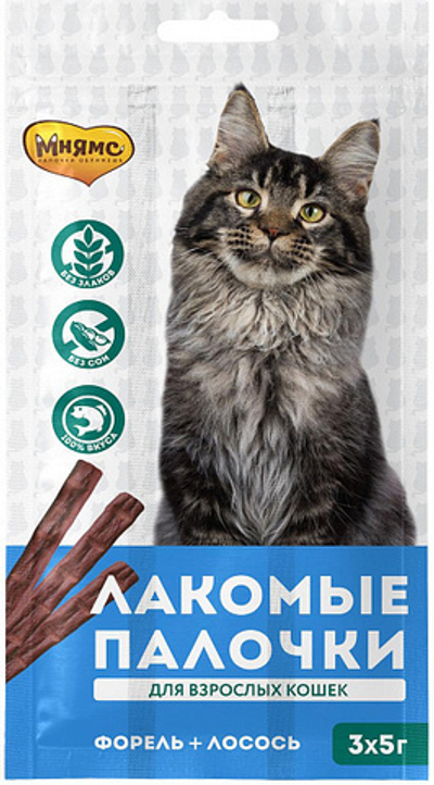 Мнямс лакомые палочки для кошек с лососем и форелью