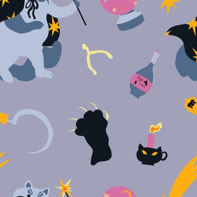 Милый кот-волшебник и его магические предметы на нежно-лавандовом фоне. Cute wizard cat and his magical items on dusky lavender background
