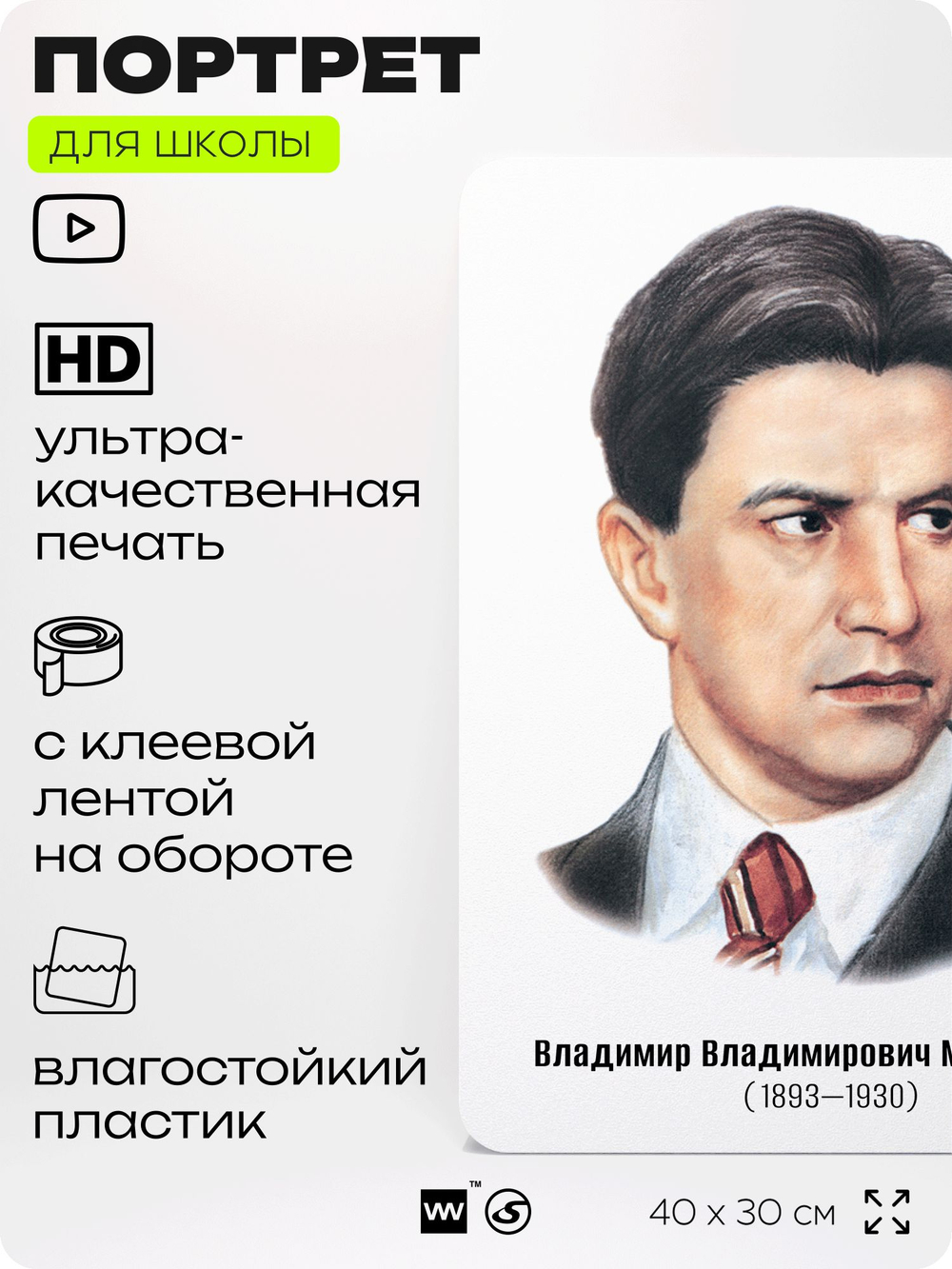 Портрет для школы в кабинет литературы и русского языка "Маяковский Владимир Владимирович", стенд школьный для класса, для оформления классного уголка, 40х30 см, Silver Plane x Айдентика Технолоджи