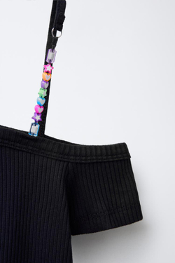 ZARA АСИММЕТРИЧНЫЙ ТОП В РУБЧИК С БУСИНАМИ, ЧЕРНЫЙ