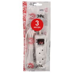 Удлинитель электрический ЭРА U-2s-3m-2x1 без заземления c выключателем 2 розетки 3м ПВС 2x1мм2 10А | Бытовые удлинители