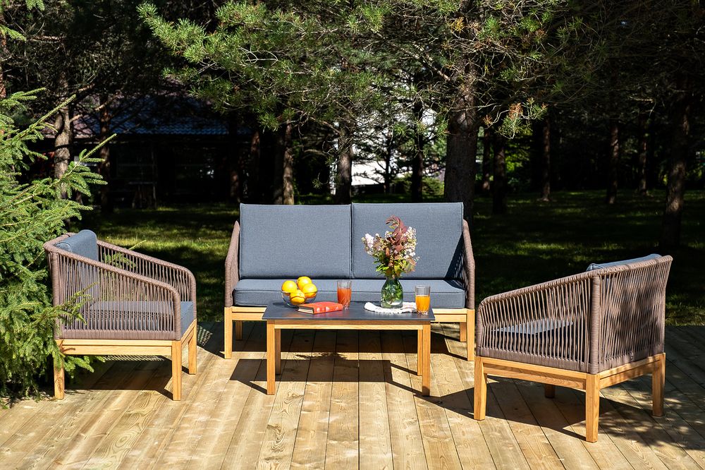 "Канны" лаунж-зона 4-местная из роупа со столиком "Канны" (серый гранит), основание дуб, роуп коричневый