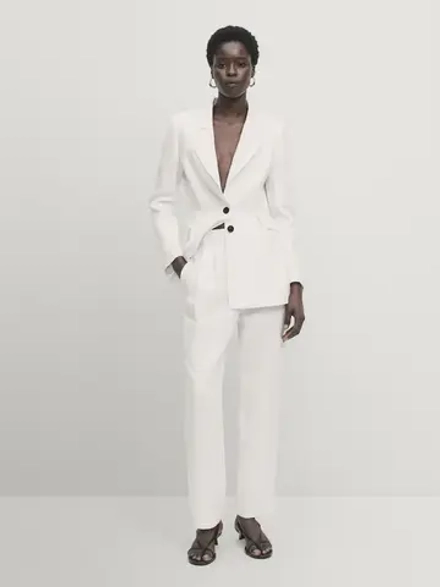 Massimo Dutti Льняные брюки с двойными защипами — Studio, белый