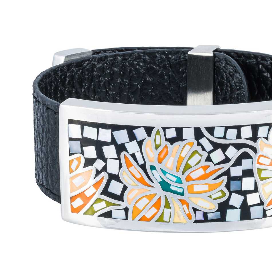 Браслет Fiore Luna на черном кожаном ремешке CB13598-1A