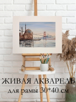 Картина авторская акварельная в паспарту 30х40 см на стену для интерьера "Мечеть Ортакей. Стамбул"
