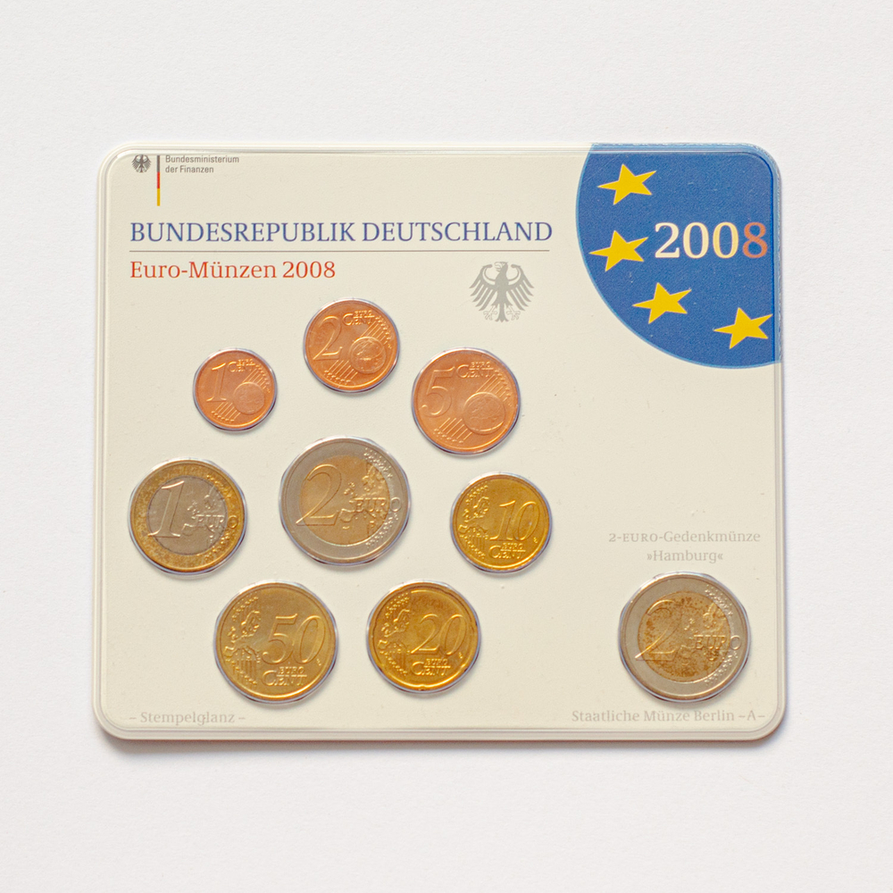 Germany 2008 Year Set (A, D, F, G, J) + 5 x 2 Euro: "St. Michaelis' Church (Hamburg)"