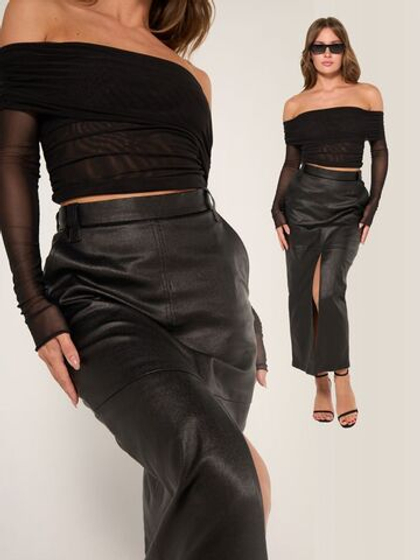 Юбка с разрезом, джинс-металлик