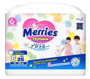 MERRIES Трусики-подгузники для детей XXL 15-28 кг / 26 шт