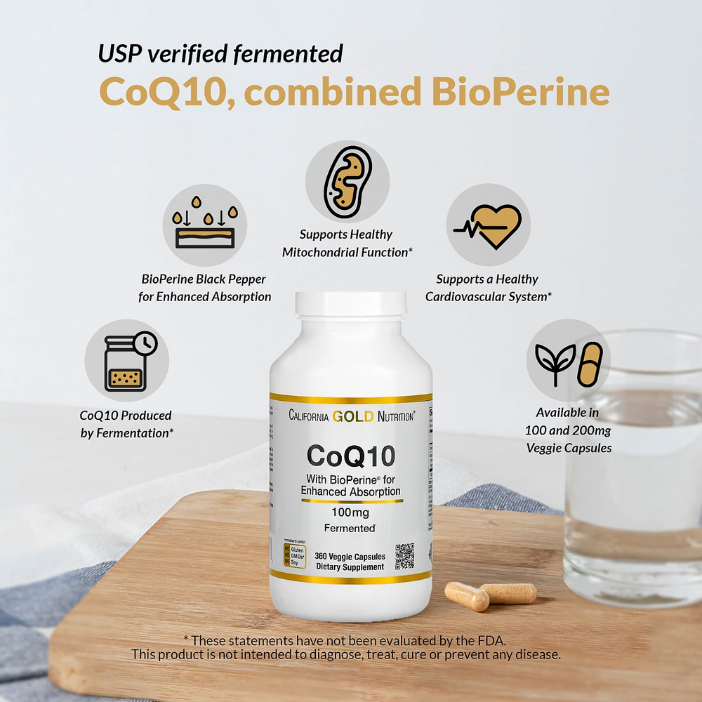 California Gold Nutrition, коэнзим Q10, убихинон класса USP с экстрактом чёрного перца Bioperine®, улучшенная биодоступность, 100 мг, 150 растительных капсул