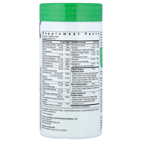 Rainbow Light, Men's One®+, питательные вещества из натуральных продуктов, 120 вегетарианских капсул