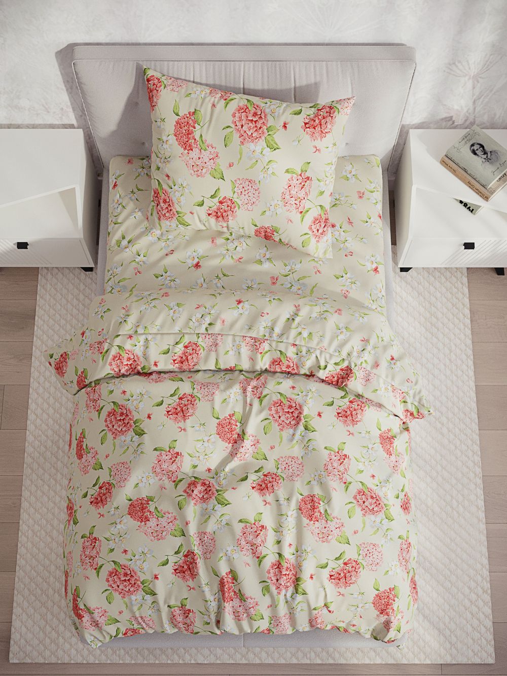 Постельное белье перкаль Сказка "Гортензия/Жасмин" 1,5-сп Наволочка 50x70 см 1 шт Простынь 150x215 см Пододеяльник 145x215 см