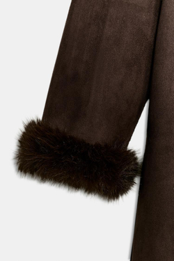 ZARA ПАЛЬТО ИЗ ИСКУССТВЕННОГО МЕХА С ПОЯСОМ — ZW COLLECTION, КОРИЧНЕВЫЙ