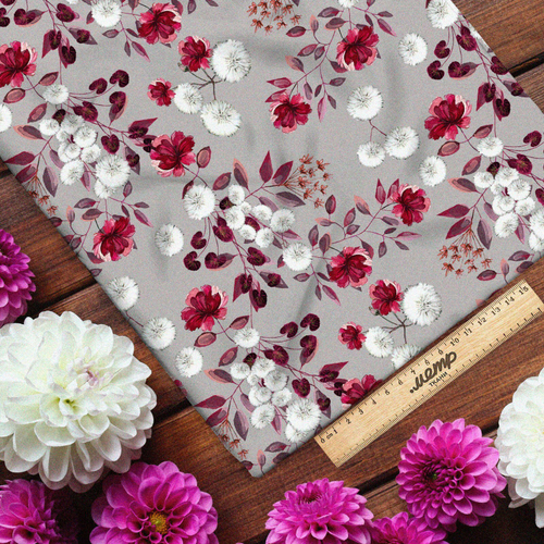 Ткань флис хризантемы красные и белые
