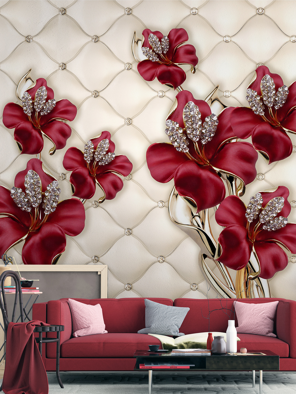 Фотообои 3D объемные красные цветы и каретная стяжка