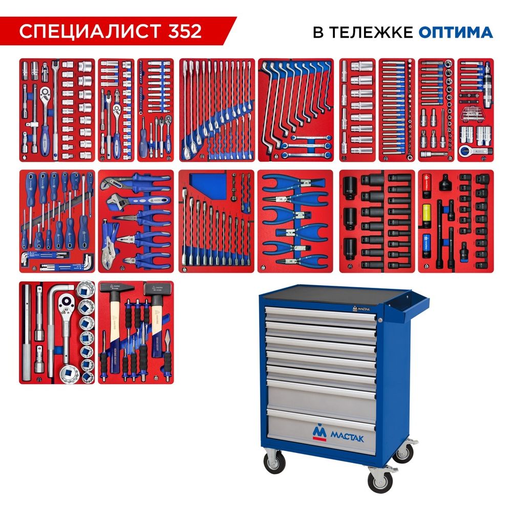 МАСТАК (52-07352B) Набор инструментов 352 предмета, "СПЕЦИАЛИСТ 352", в синей тележке