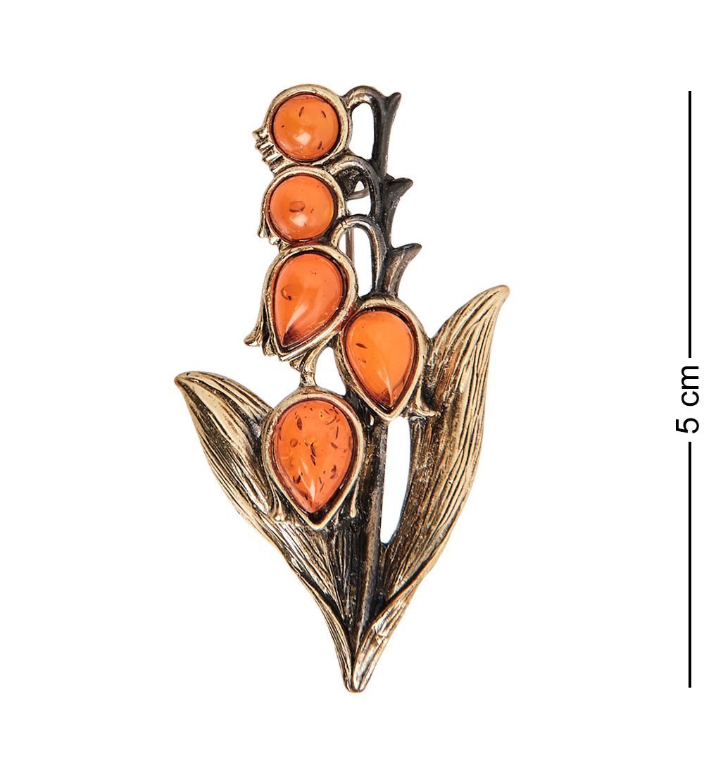 AM-2346 Брошь «Ландыш Лесной» (латунь, янтарь)