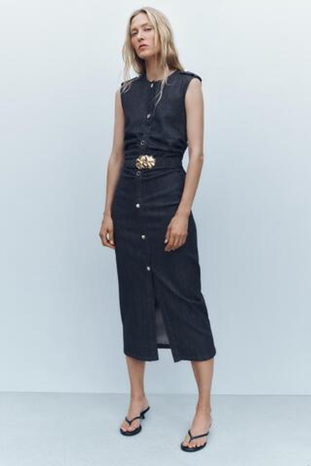 ZARA ДЖИНСОВОЕ ПЛАТЬЕ Z1975 МИДИ СО СБОРКАМИ И РЕМНЕМ, ИНДИГО