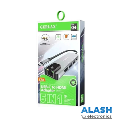 Переходник Gerlax GV-04 5в1 USB C Type-C HDMI USB A 2 USB 2.0 RJ45 Grey