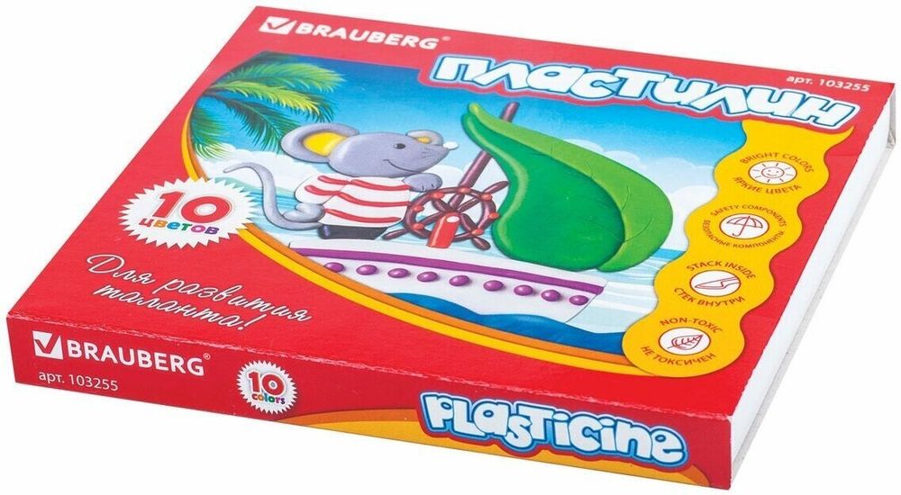 Пластилин классический BRAUBERG "АКАДЕМИЯ", 10 цветов, 200 г, со стеком, картонная упаковка, 103255