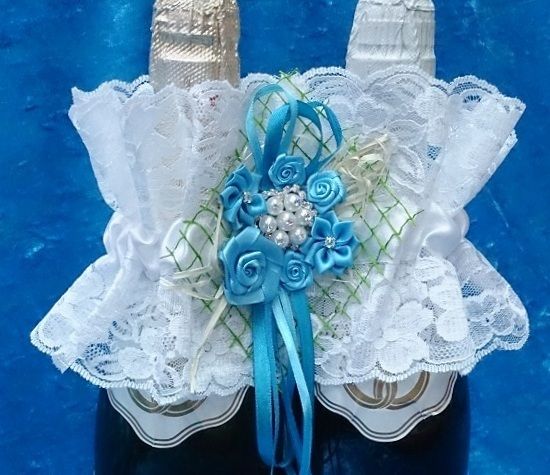 Набор Украшение на шампанское и Подушечка для колец, цвет: бирюзовый, 22см SvetikFantasy отделка может отличаться №3218.672