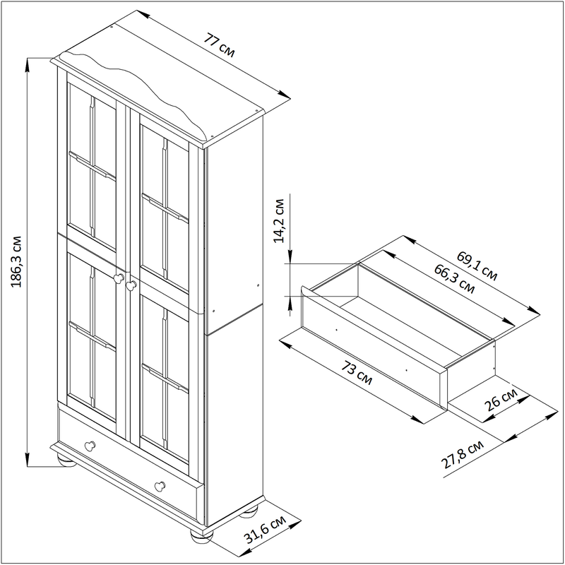 Шкаф витрина 2 двери 1 ящик Бритта из массива сосны, серый