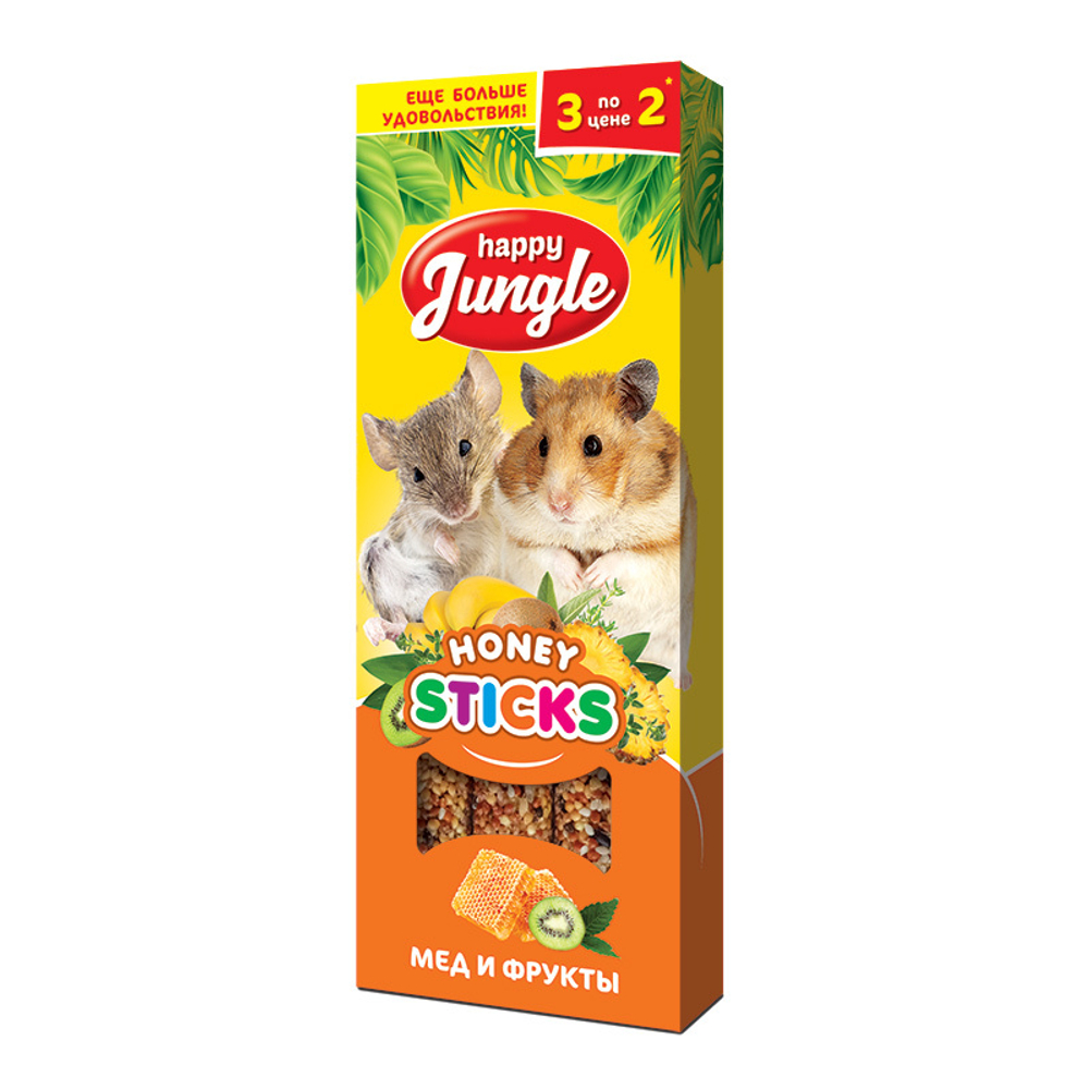 HAPPY JUNGLE Палочки для мелких грызунов Мед и фрукты 3 шт, 90 г