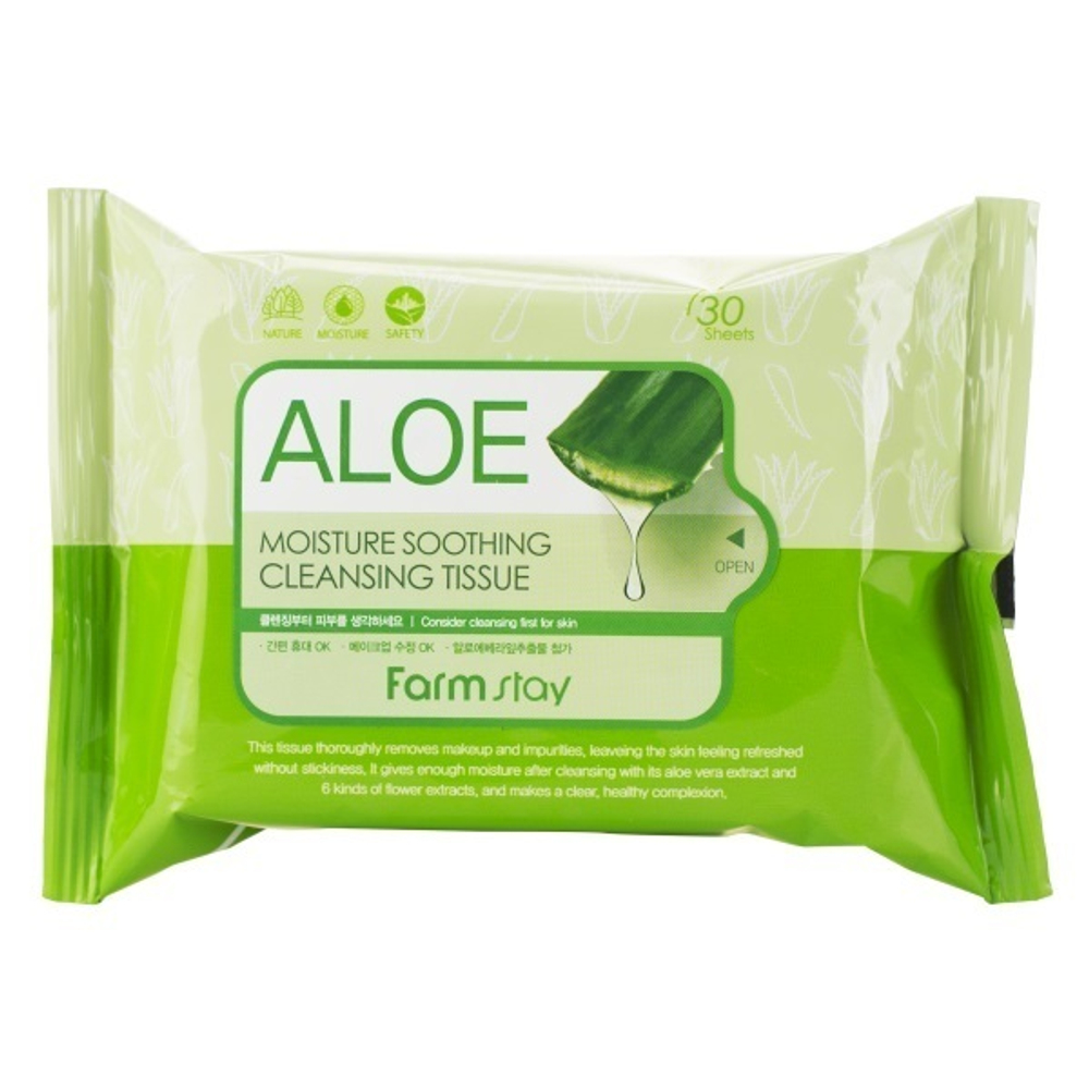 Салфетки очищающие увлажняющие с экстрактом алое FarmStay Aloe Moisture Soothing Cleansing Tissue 30шт