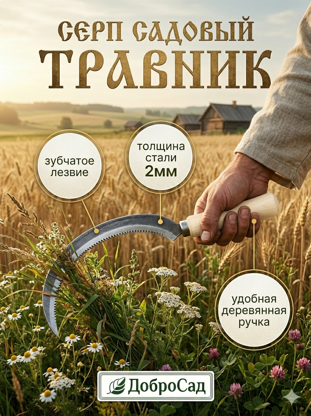 Серп «Травник» 14» деревянная ручка