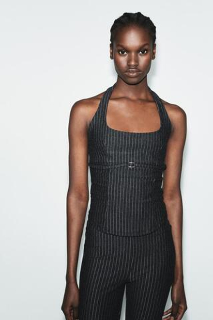 ZARA ТОП ХАЛТЕР ИЗ ТРИКОТАЖА, ТЕМНЫЙ МЕЛАНЖ