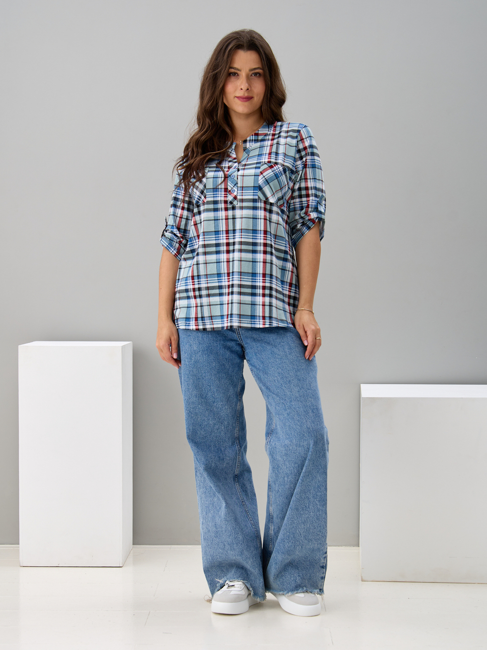 Блузка БЛ-131/клеткасерый-индигокрасный