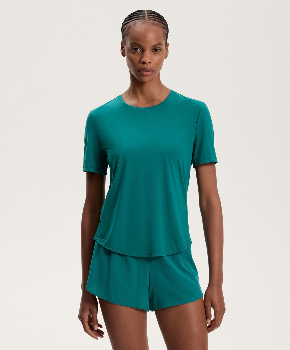 Oysho Футболка из технологичной ткани с короткими рукавами, сине-зеленый