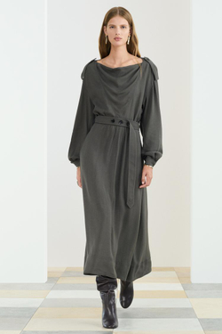 ZARA ПЛАТЬЕ МИДИ С ДЛИННЫМИ РУКАВАМИ И ПОЯСОМ, СЕРЫЙ