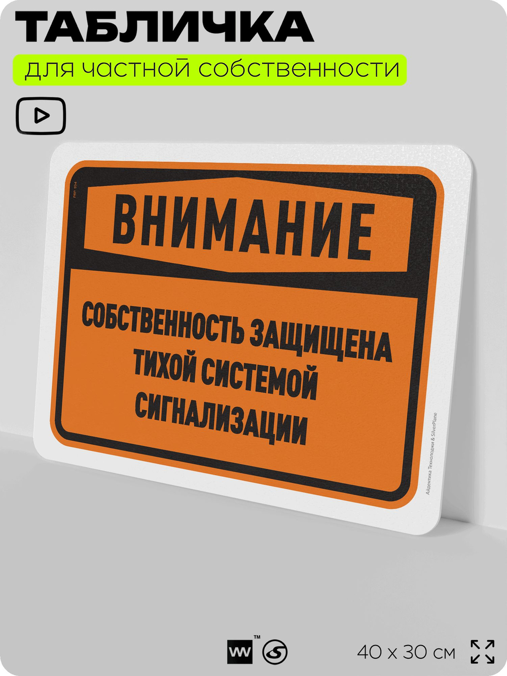 Табличка для частной территории "Внимание, собственность защищена системой сигнализации", на дом, для участка, организаций и частных территорий, 40х30 см, Silver Plane x Айдентика Технолоджи