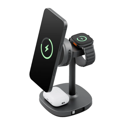 Зарядная станция MagSafe с активным охлаждением Energea MagArctic Stand Kit для iPhone, Apple Watch и AirPods (Qi2) Беспроводная зарядка: Qi 15 Вт, Qi 5 Вт, магнитное крепление для зарядки Apple Watch (Qi 2,5 Вт). Проводная зарядка: встроенный плоский каб