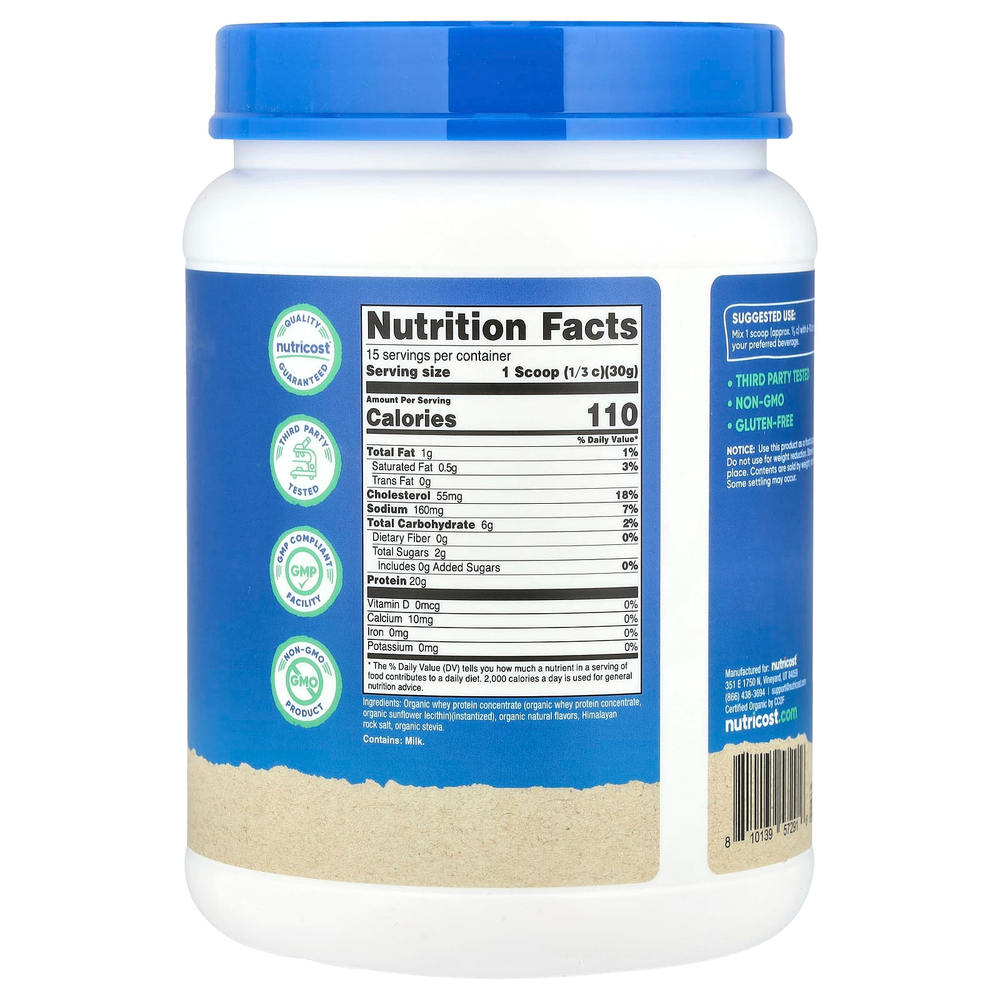 Nutricost, Органический сывороточный протеин, французская ваниль, 454 г (1 фунт)