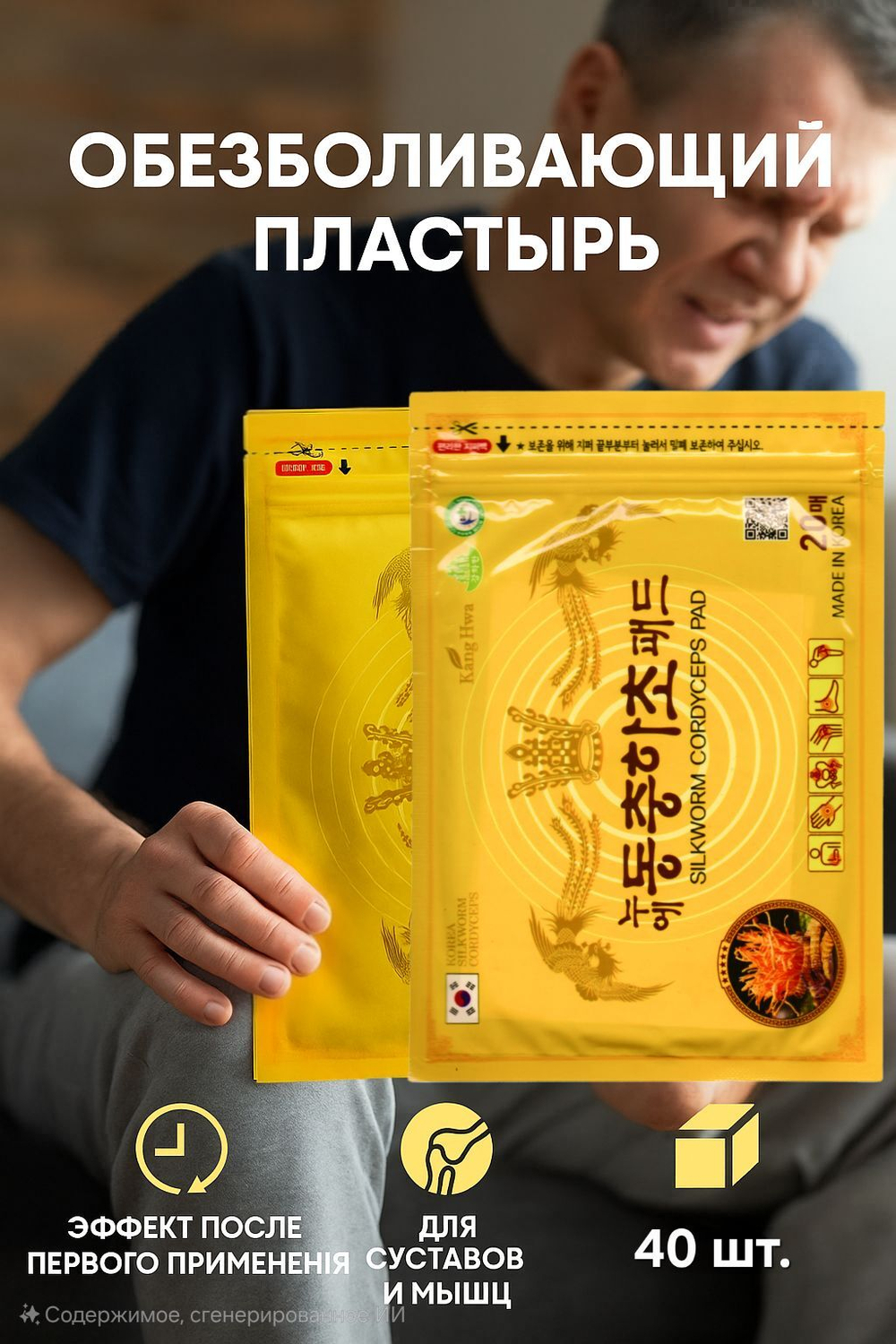 Корейский обезболивающий пластырь с глюкозамином и женьшенем от боли в спине, суставах и мышцах 2*20 шт