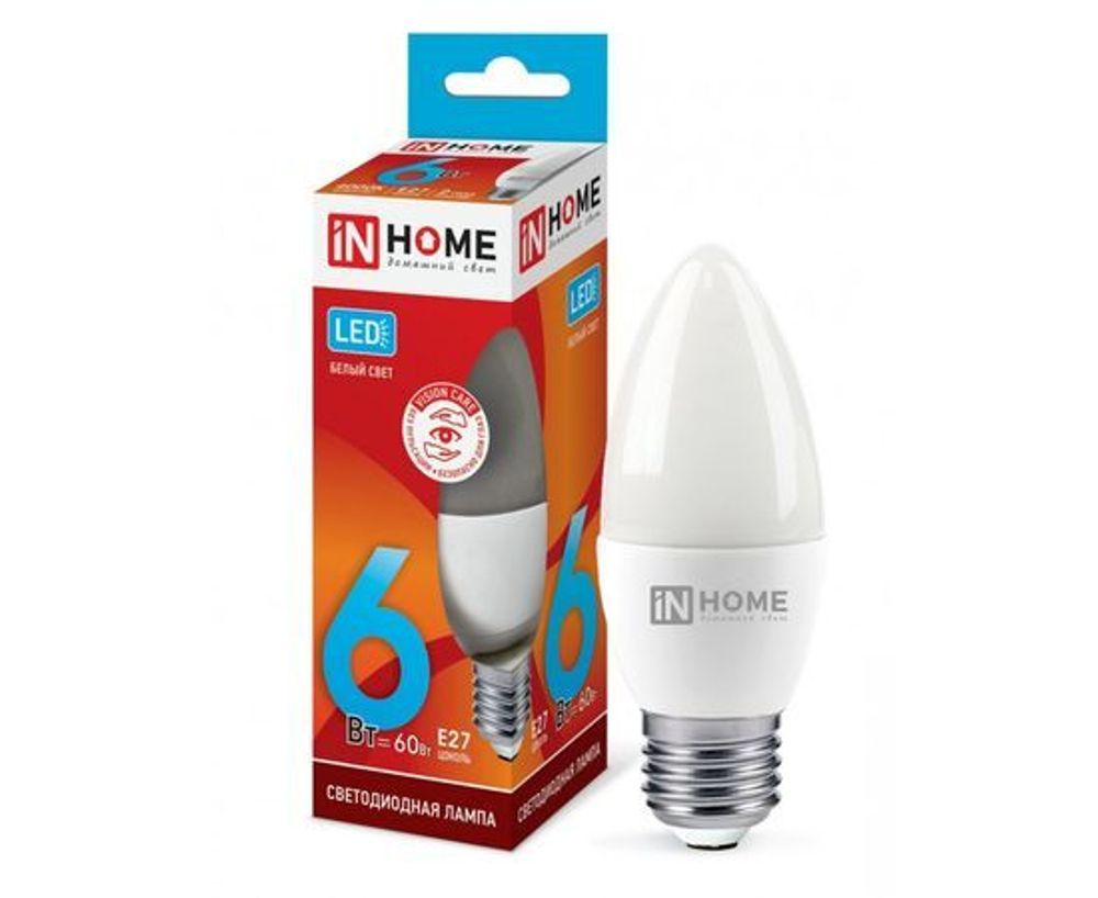 Лапочка ASD/inHome VC свеча C37 E27 6W(540lm) 4000К 4K 107x37 (без пульсации) 0419, 1 шт.