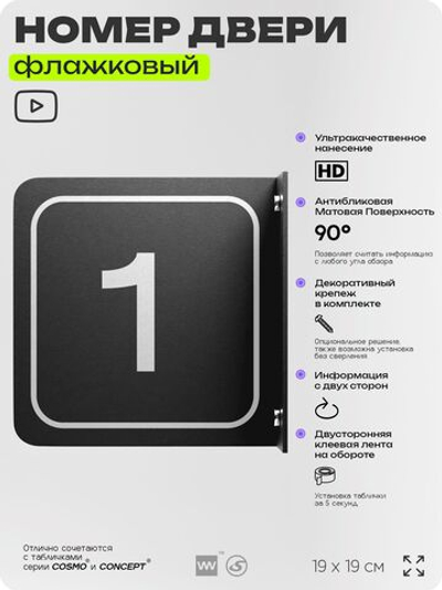 Табличка флажковая с номером 1 на дверь квартиры, для офиса, кабинета, аудитории, склада, черная двустороняя 19х19 см, Айдентика Технолоджи