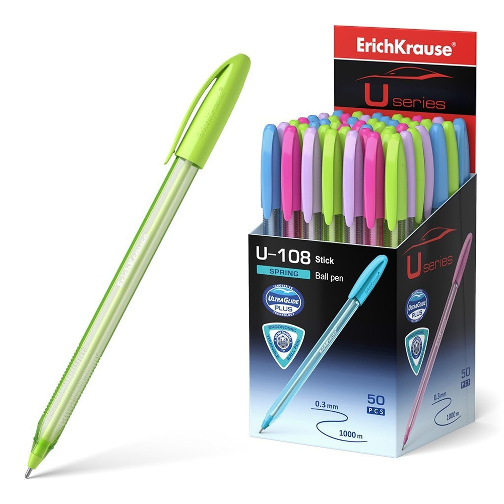 Ручка шариковая Erich Krause "U-108 Spring Stick Ultra Glide Technology", 0,7 мм, синяя, игольч. након., полупрозр. корпус, грип, карт. уп
