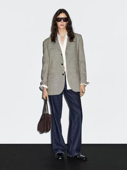 Massimo Dutti Блейзер из 100% шерсти с узором «гусиная лапка», бежевый