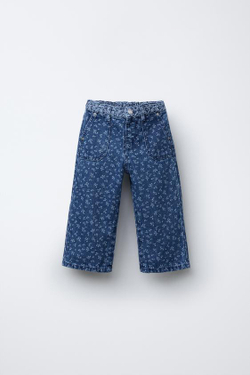 ZARA ДЖИНСЫ С ШИРОКИМИ ШТАНИНАМИ ИЗ ТКАНИ С ЦВЕТОЧНЫМ ПРИНТОМ, ВЫЦВЕТШИЙ СИНИЙ
