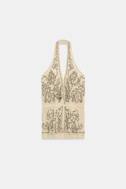 ZARA ТОП ХАЛТЕР С ВЫШИВКОЙ ХАЛТЕР — ZW COLLECTION LIMITED EDITION, БЕЖЕВЫЙ