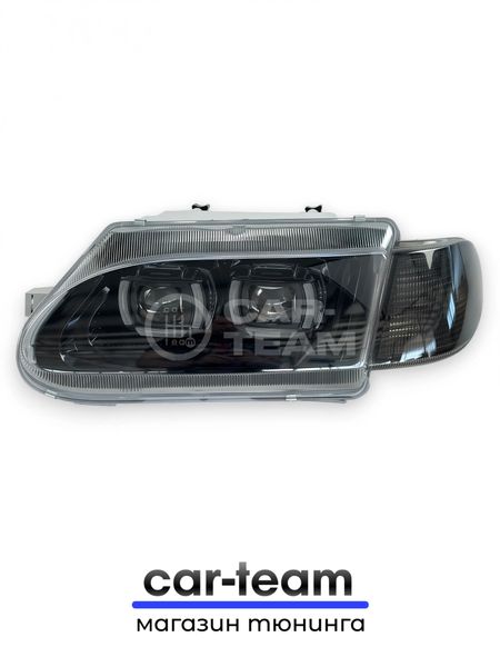 Фары ВАЗ 2113, 2114, 2115 передние с белыми галочками в стиле BMW ver 2.0 c Bi LED модулями, черная маска, тонированные поворотники