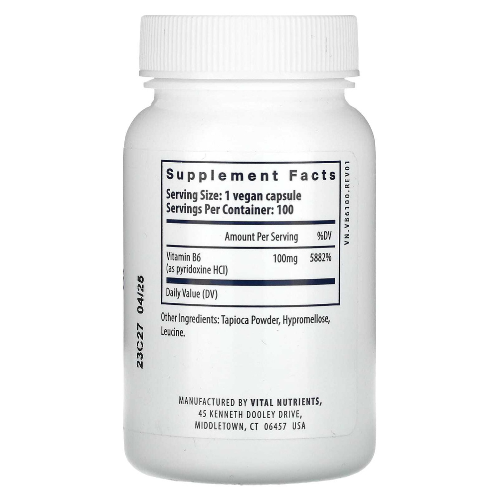 Vital Nutrients, Витамин B6, 100 веганских капсул (100 мг на капсулу)